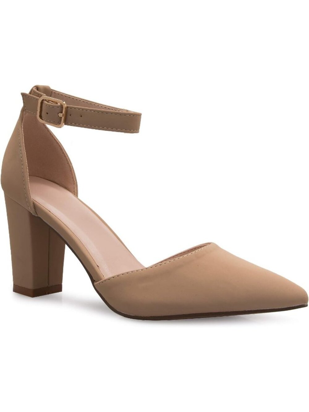 Women's Taupe Nubuck Comfortable D'Orsay Ankle Strap Pointed Toe Block Heel Pump